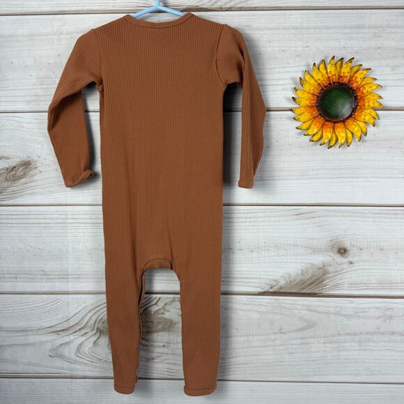 Quincy Mae Ribbed Long Sleeve Romper Jumpsuit 18-24 Months Brown - Picture 3 of 3